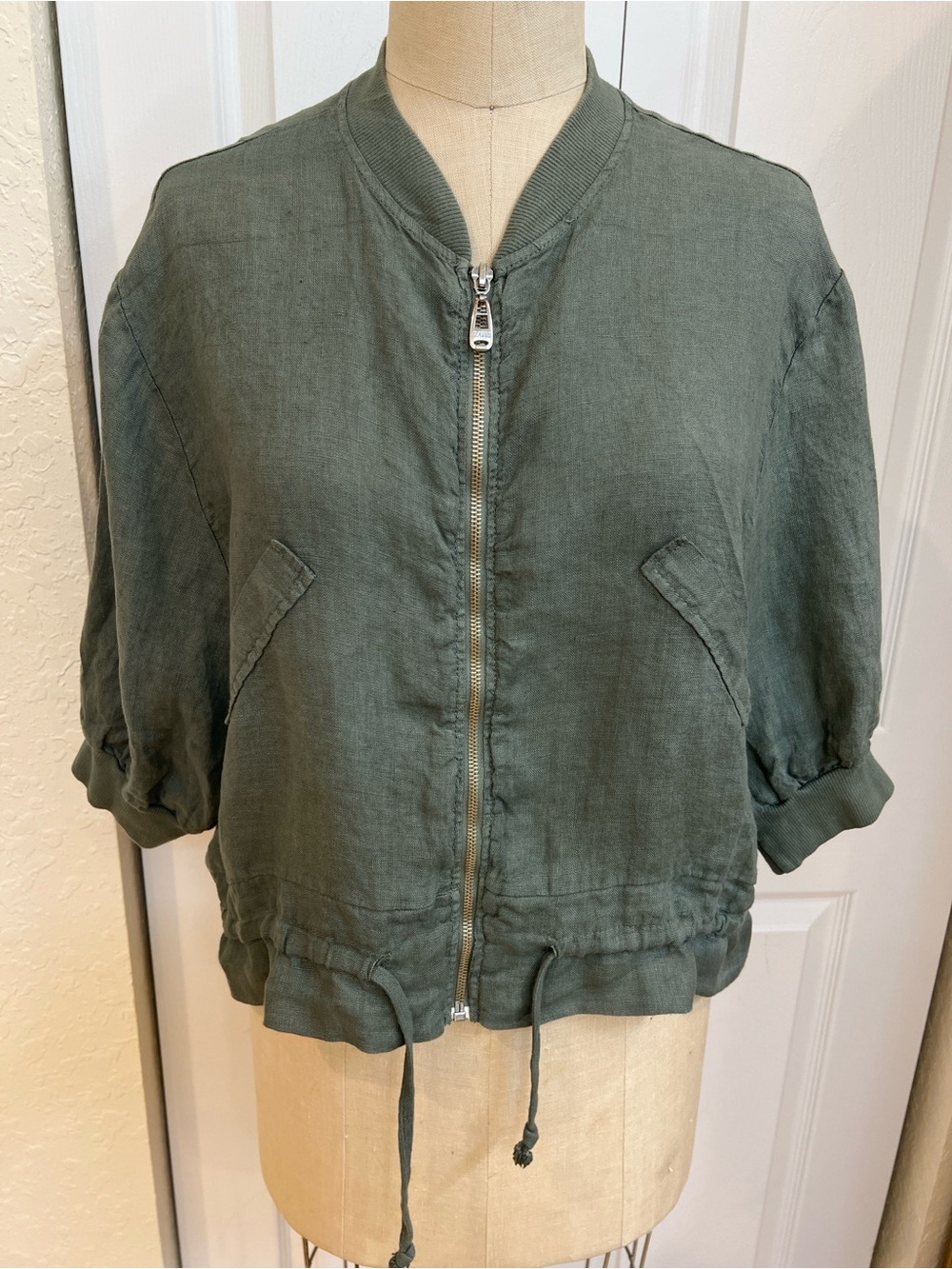 Short Olive Green Bomber Jacket 100% linen with Drawstring Hem